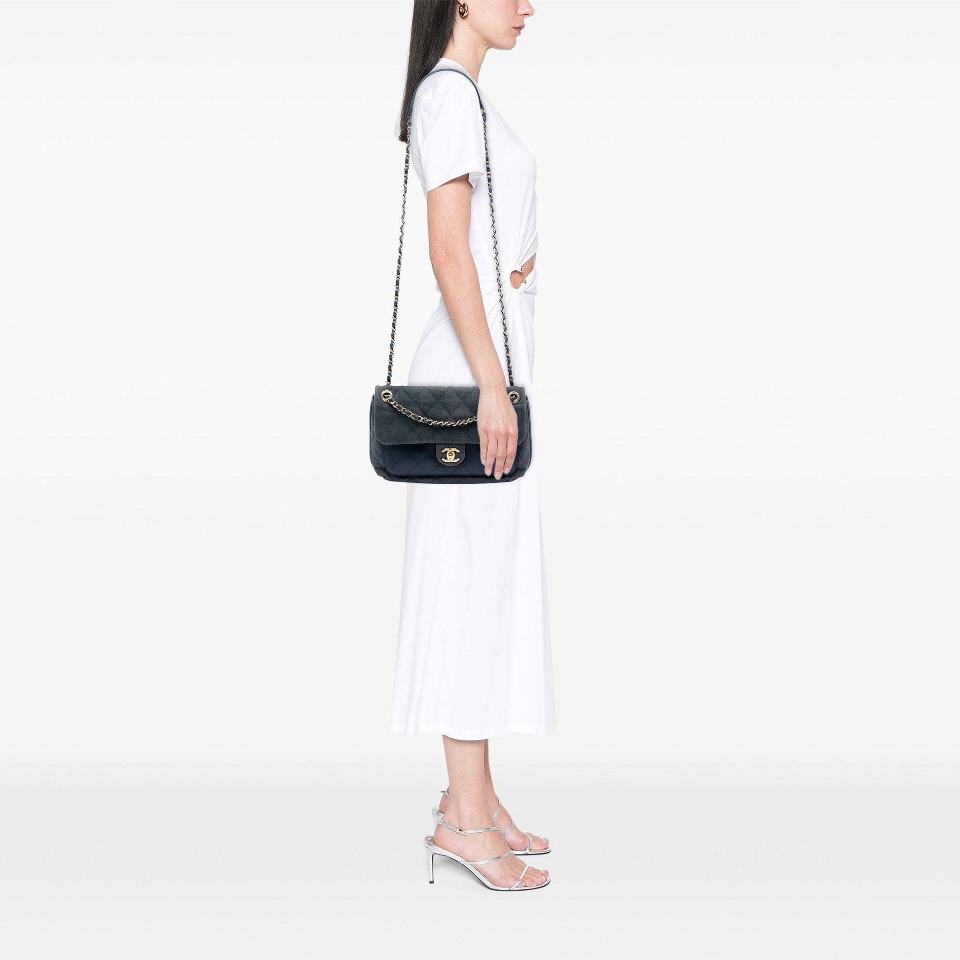 CC Quilted Denim and Calfskin Front Pocket Single Flap