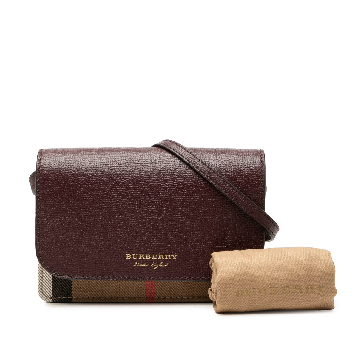 Burberry Grained Calfskin and House Check Canvas Hampshire Wallet on Chain