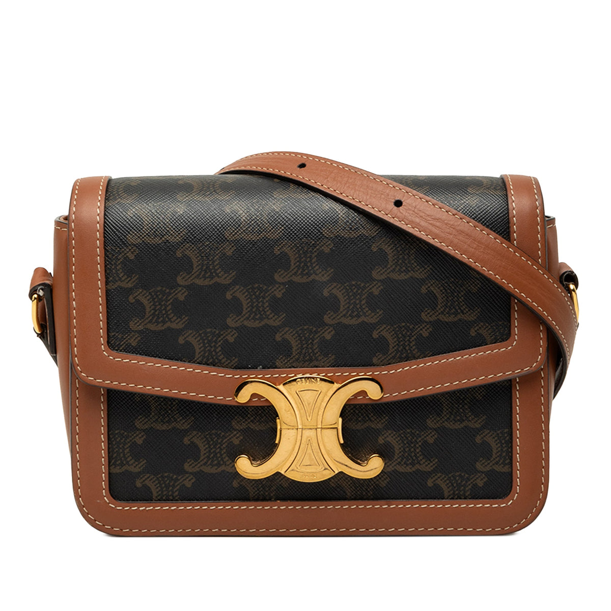 Celine Teen Triomphe Coated Canvas and Calfskin Triomphe Crossbody — Brown