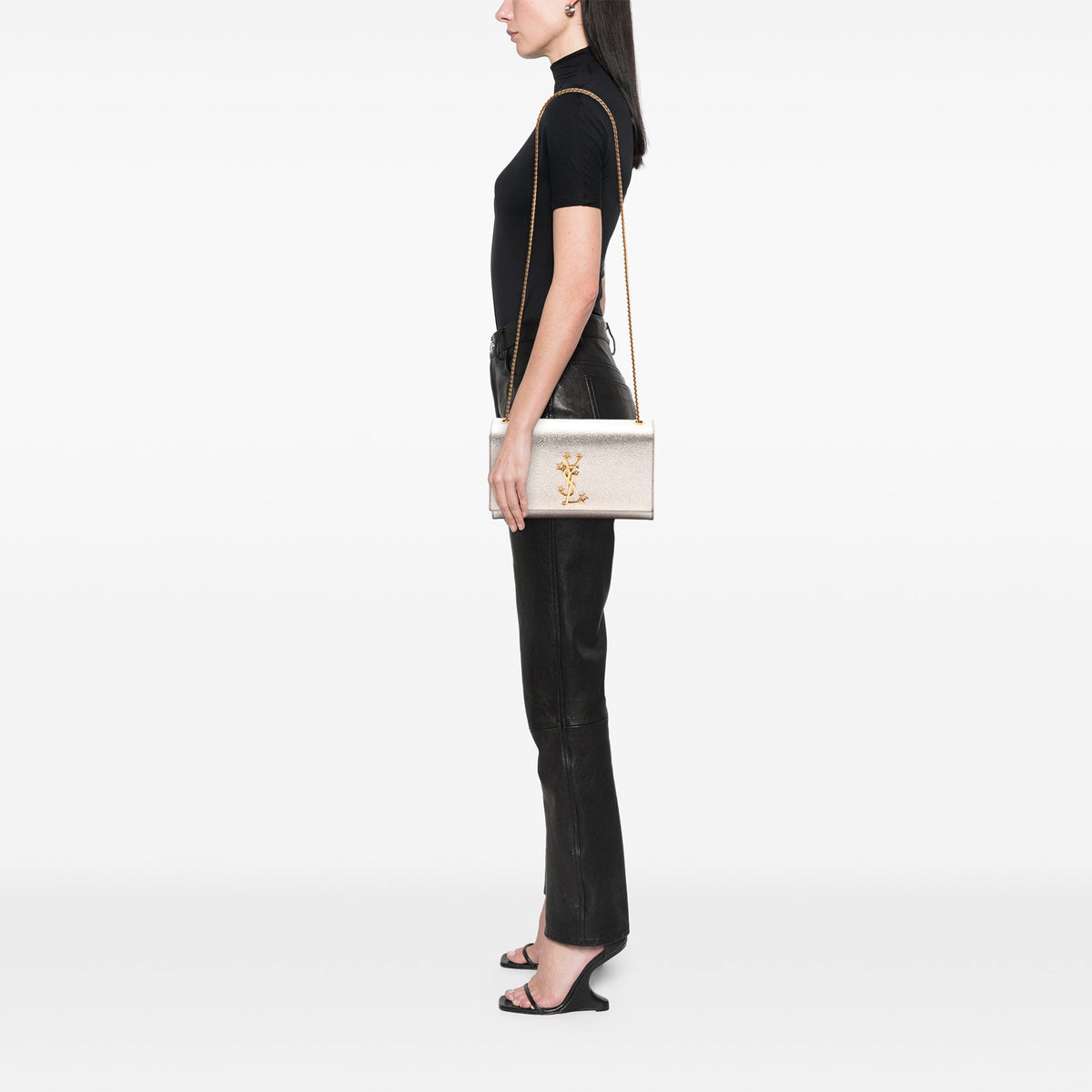 Saint Laurent Metallic Textured Calfskin Star Monogram Kate Crossbody — Gold