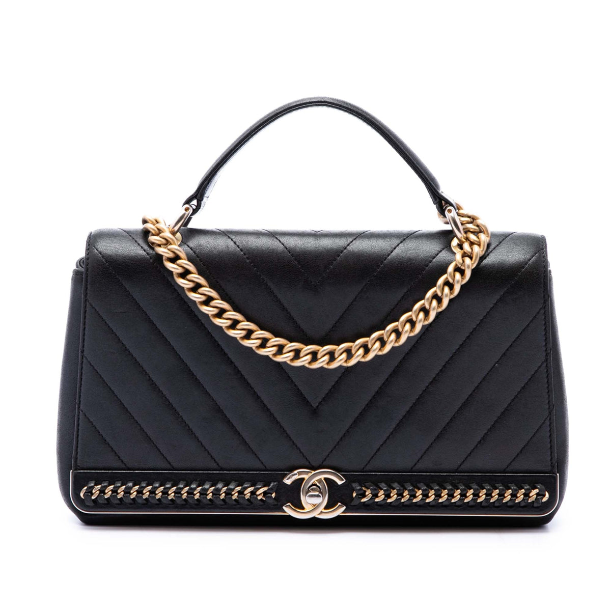 Chanel Chevron Sheepskin Stitched Chain Top Handle Flap