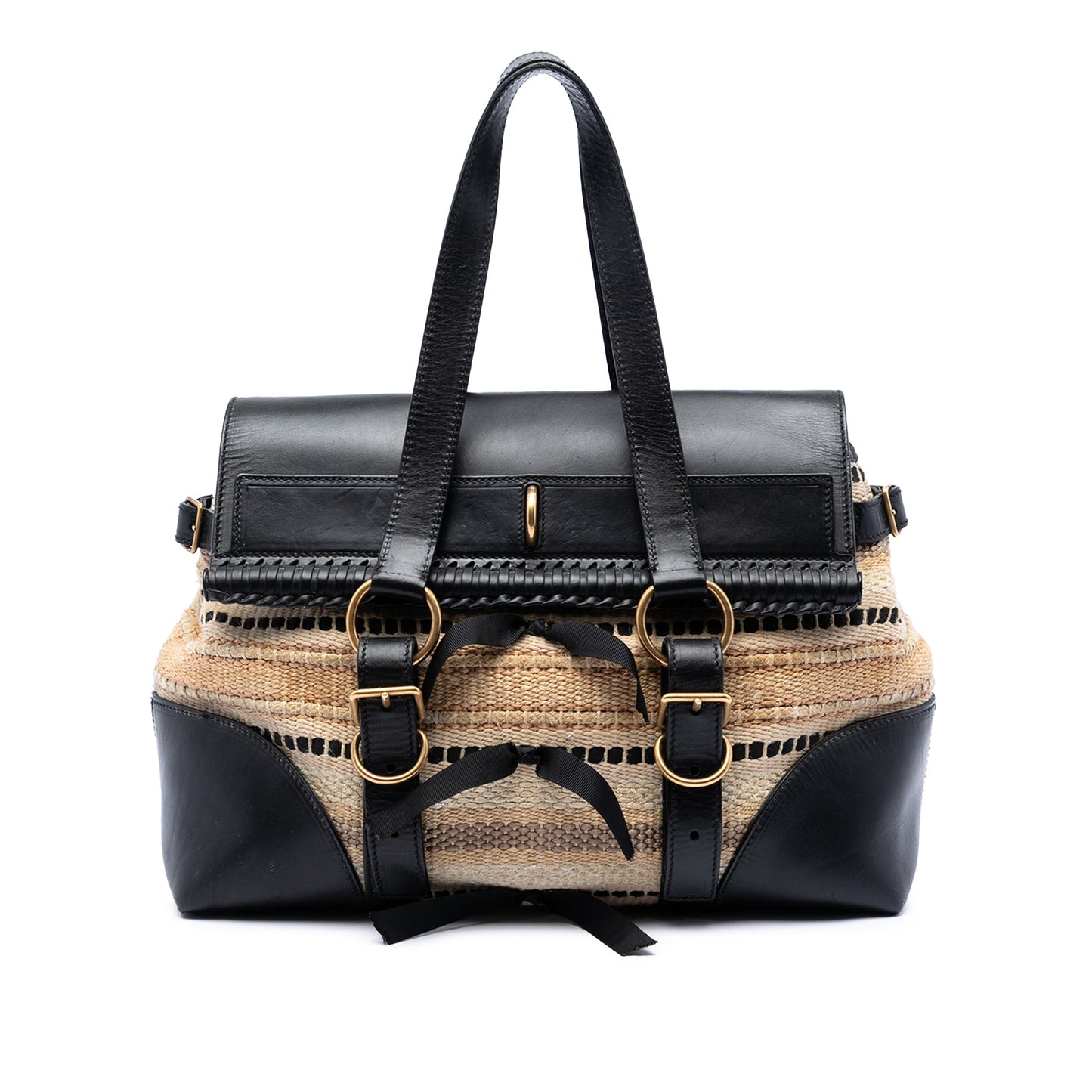 Saint Laurent Woven Raffia and Leather Maia Padlock Handbag