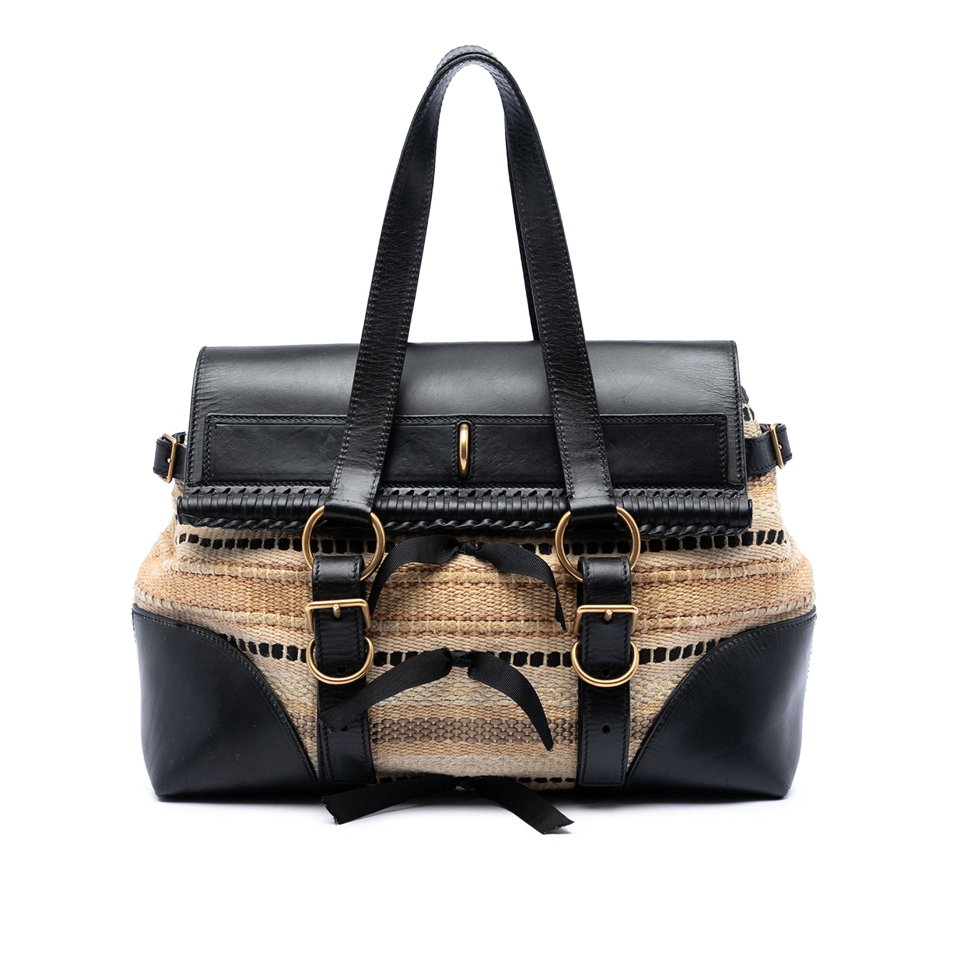 Saint Laurent Woven Raffia and Leather Maia Padlock Handbag