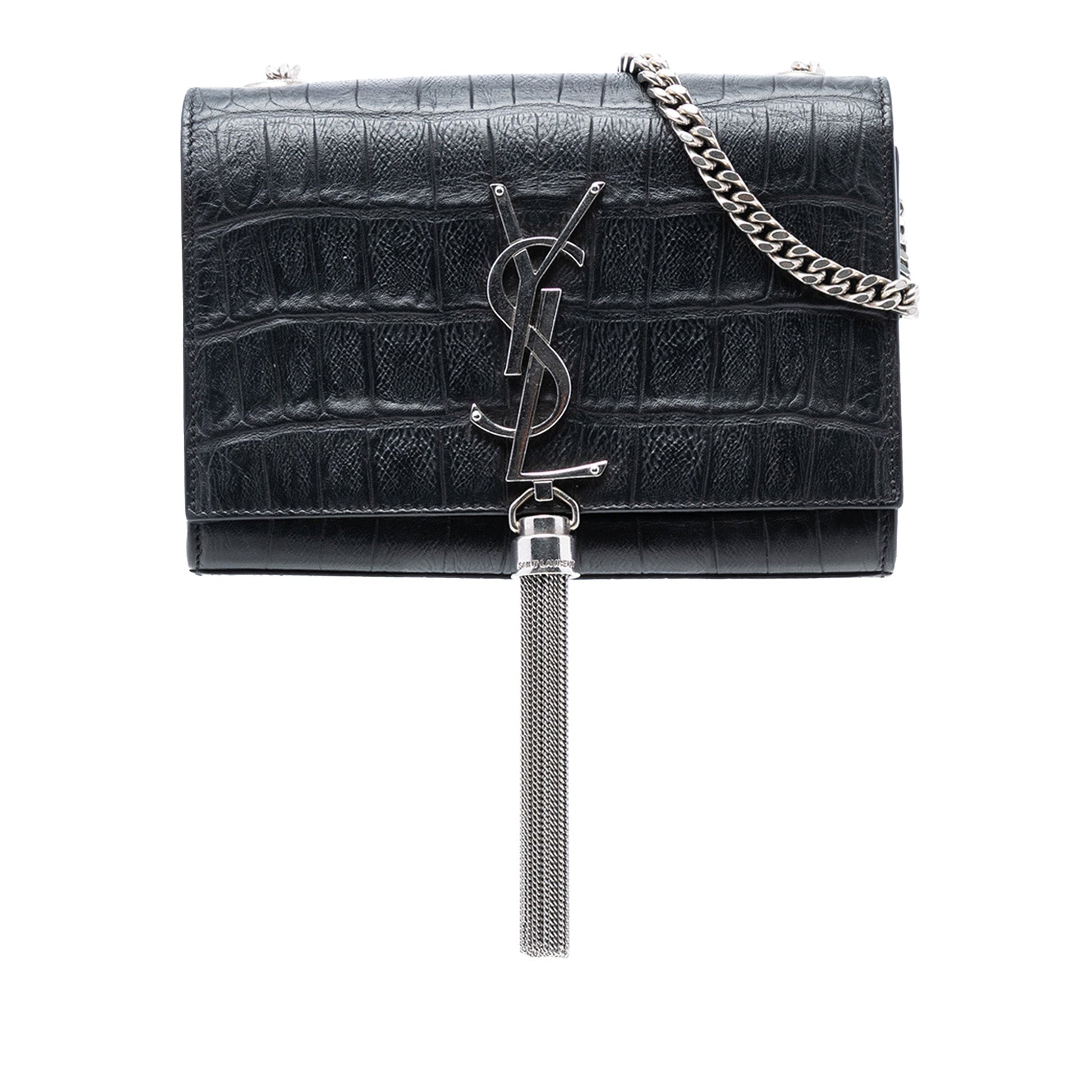 Small Croc Embossed Leather Monogram Kate Tassel Crossbody