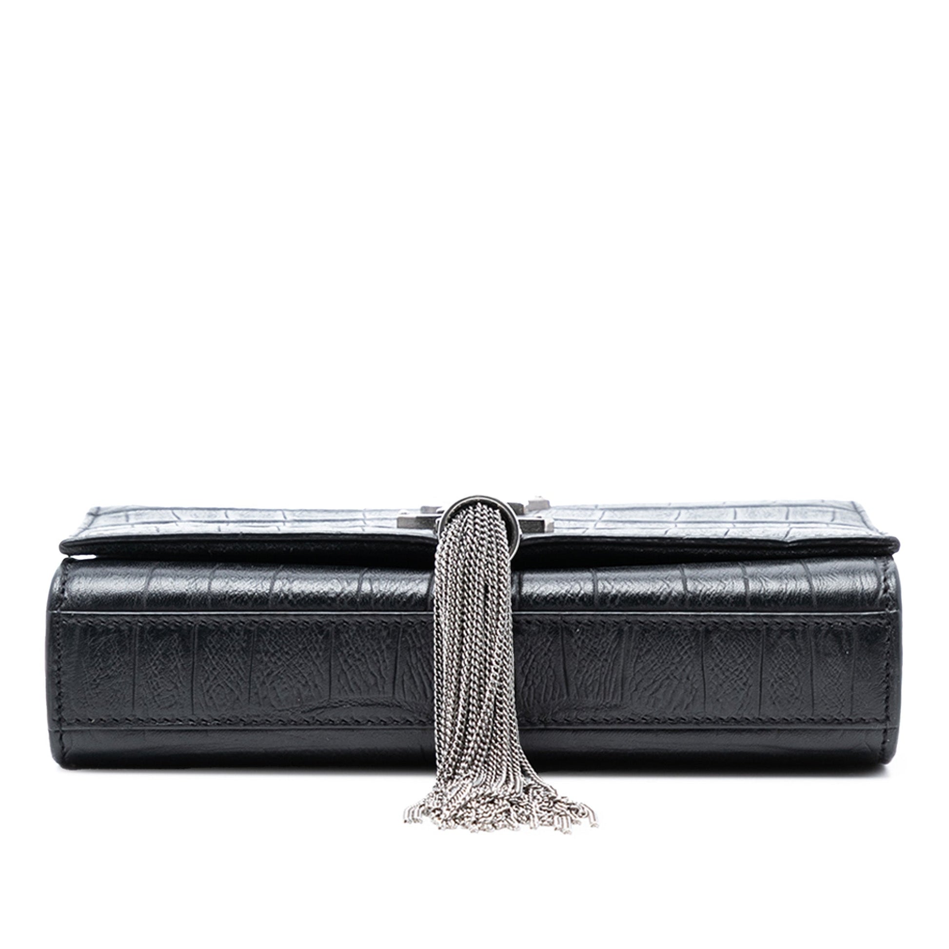 Small Croc Embossed Leather Monogram Kate Tassel Crossbody