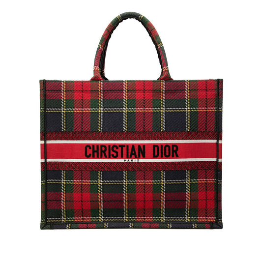Dior Large Embroidered Canvas Tartan Check Book Tote