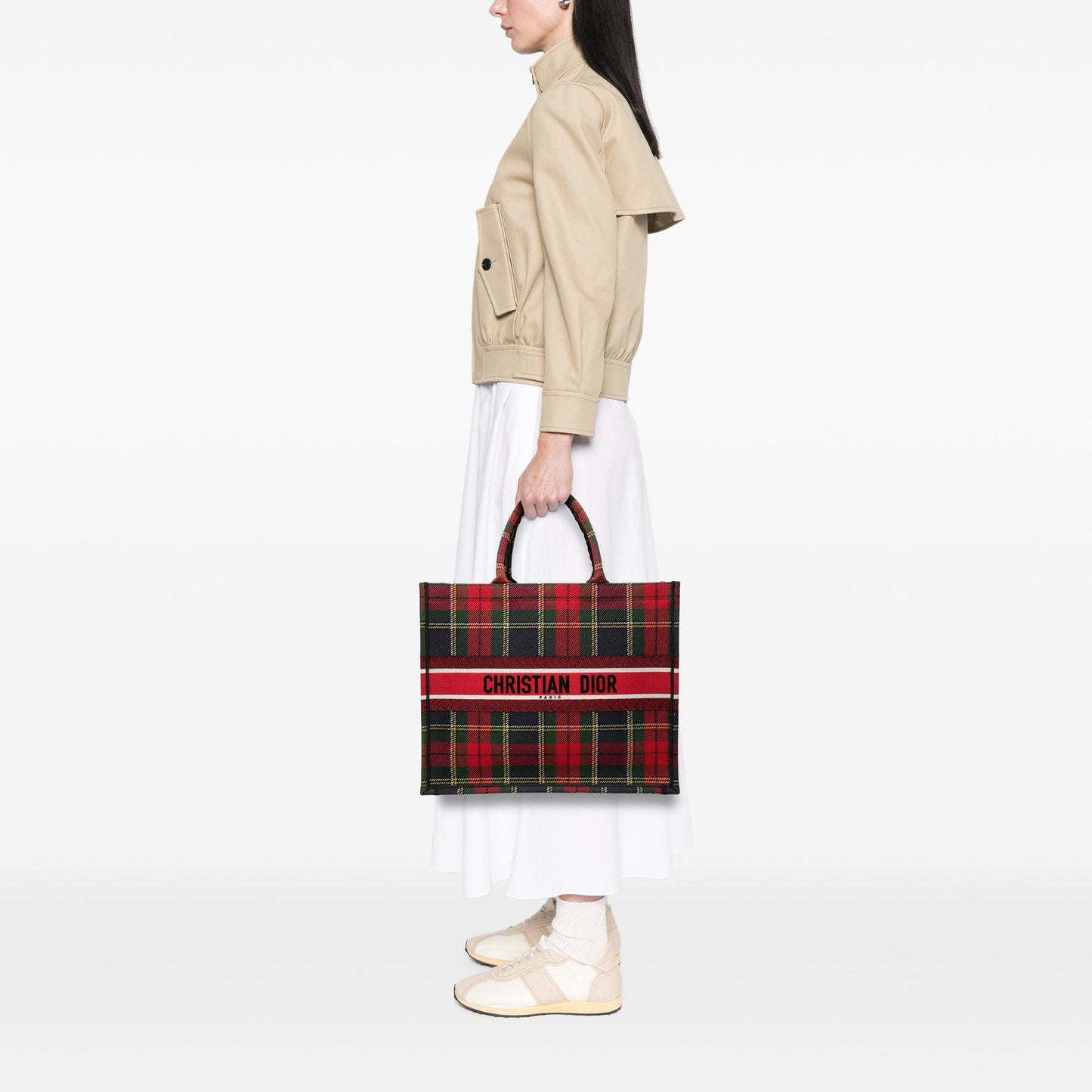 Dior Large Embroidered Canvas Tartan Check Book Tote