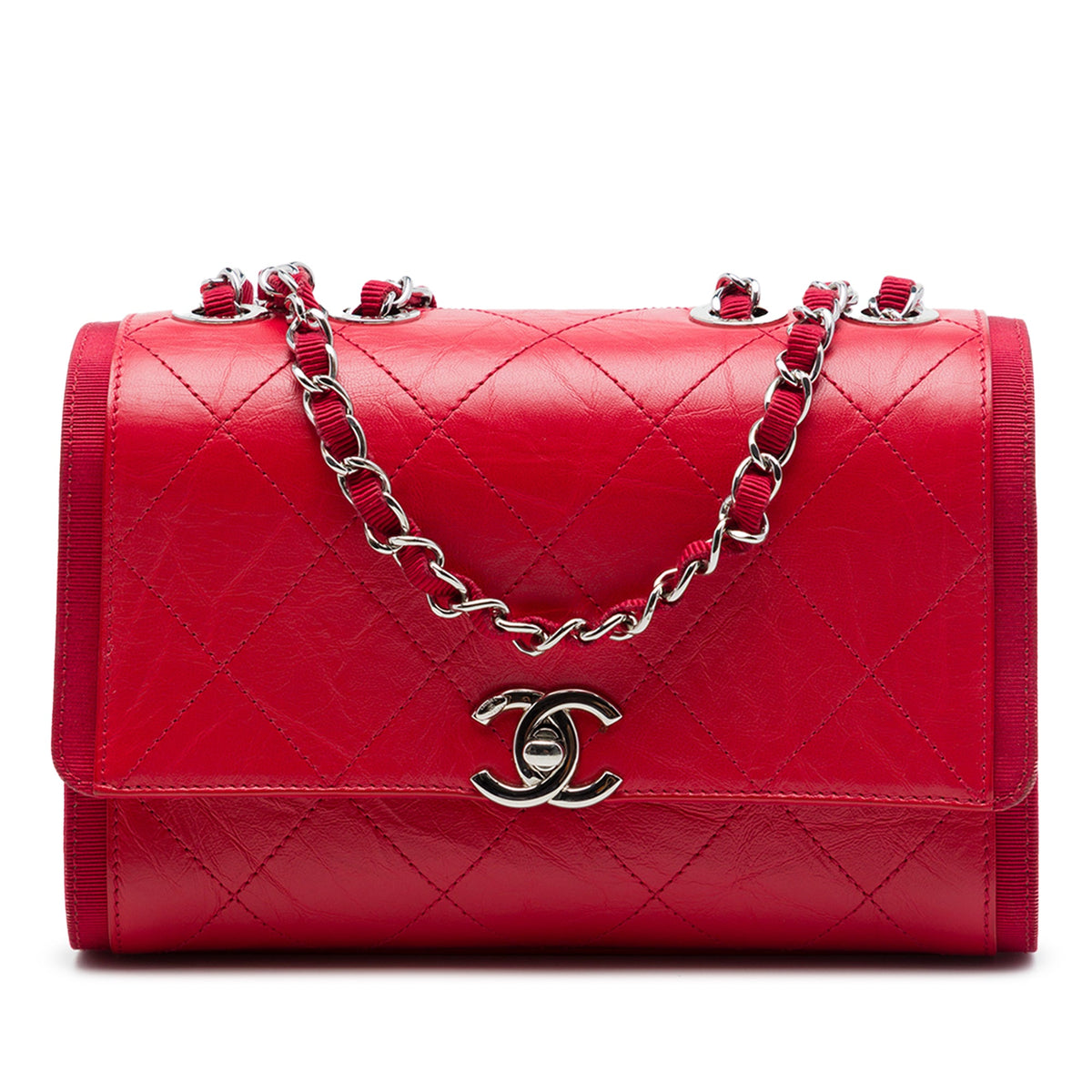 Chanel CC Quilted Crumpled Calfskin and Grosgrain Flap — Red