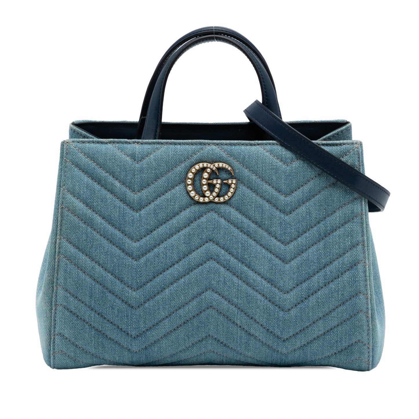 Gucci Small GG Marmont Matelasse Denim Pearly Satchel
