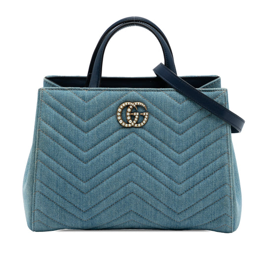 Gucci Small GG Marmont Matelasse Denim Pearly Satchel