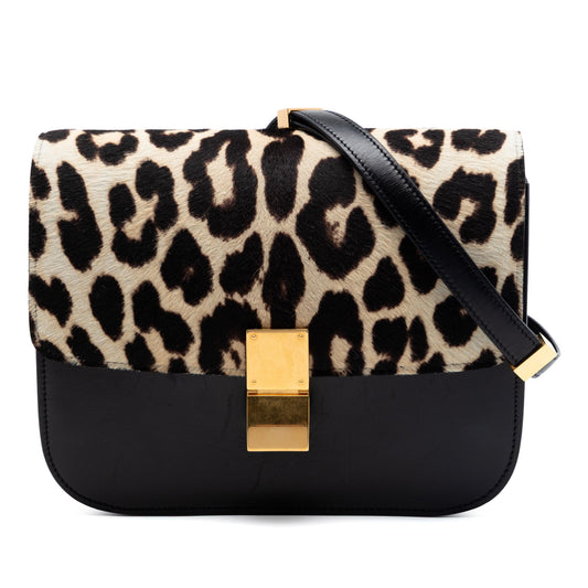 Celine Medium Calfskin and Leopard Print Pony Hair Classic Box