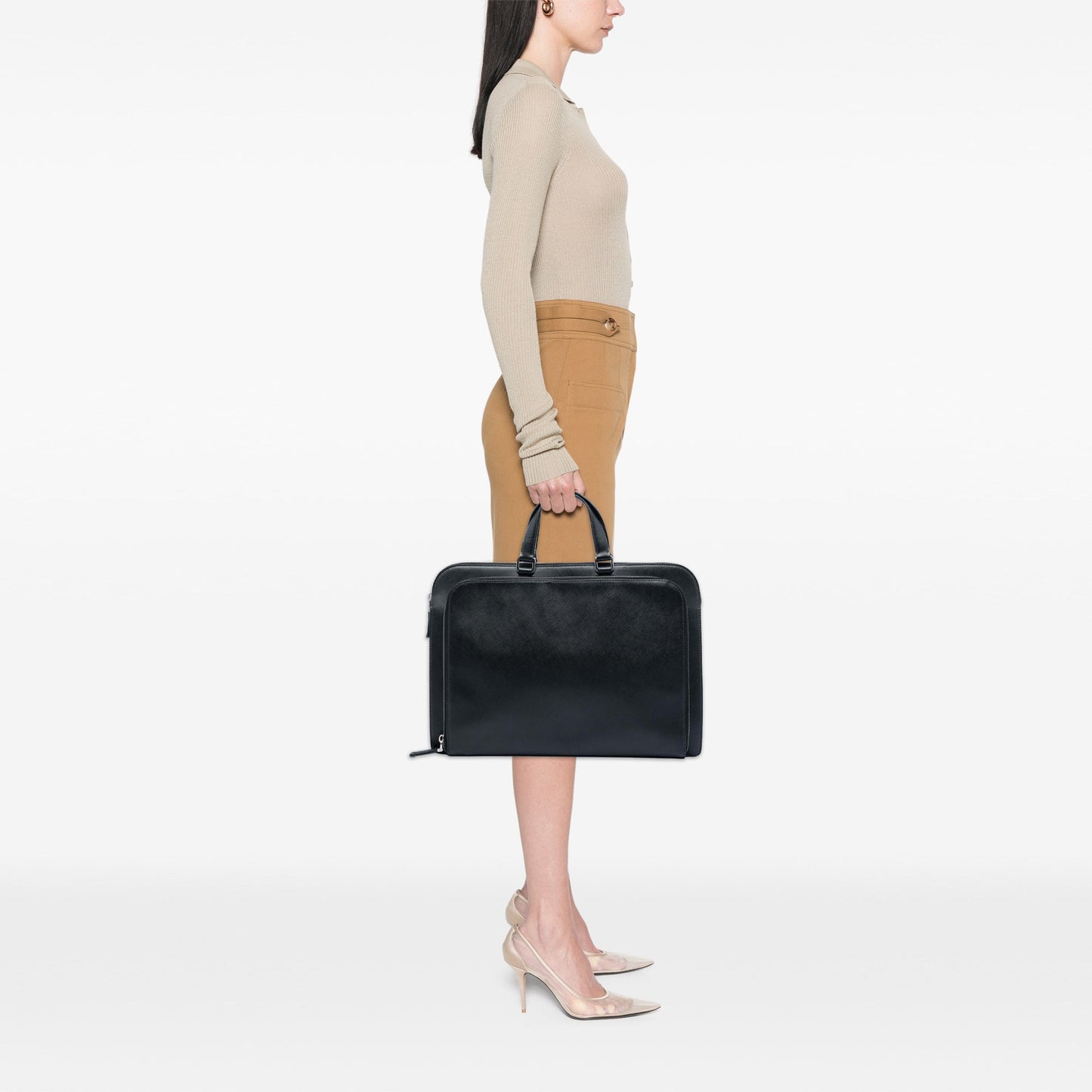 Prada Saffiano Cuir Travel Front Zip Pocket Briefcase