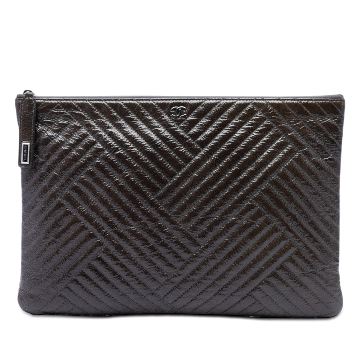 Chanel Large Distressed Chevron Patent Crossing O Case