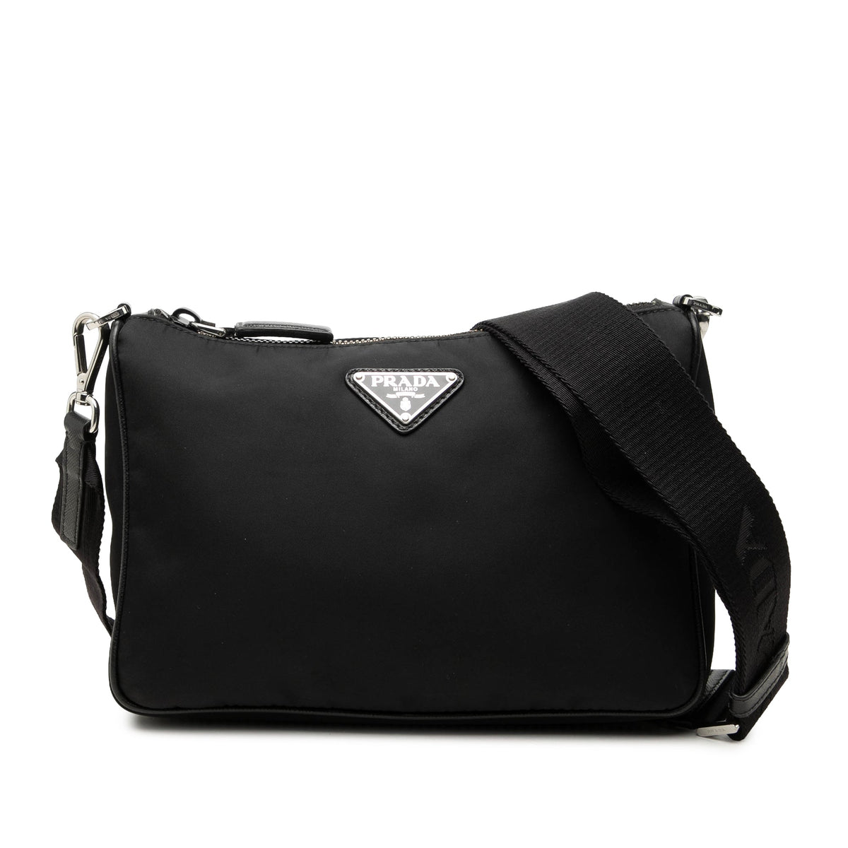 Prada Saffiano Trimmed Re Nylon Zip Top Crossbody — Black