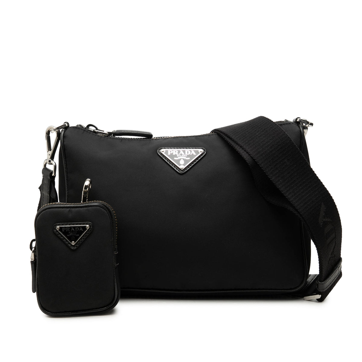 Prada Saffiano Trimmed Re Nylon Zip Top Crossbody — Black