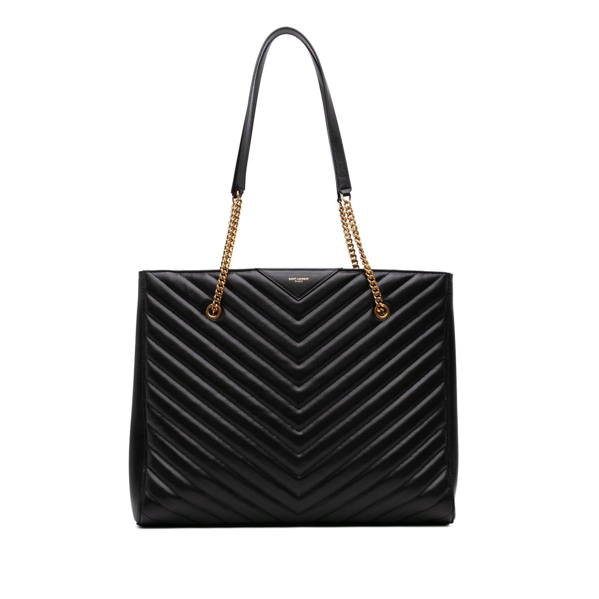 Saint Laurent Large Chevron Grain De Poudre Tribeca Shopping Tote — Black