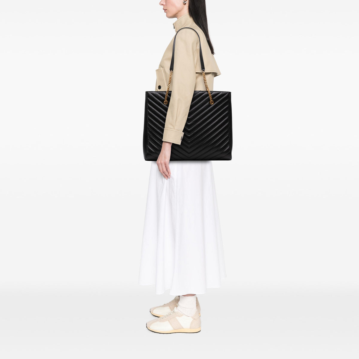 Saint Laurent Large Chevron Grain De Poudre Tribeca Shopping Tote — Black