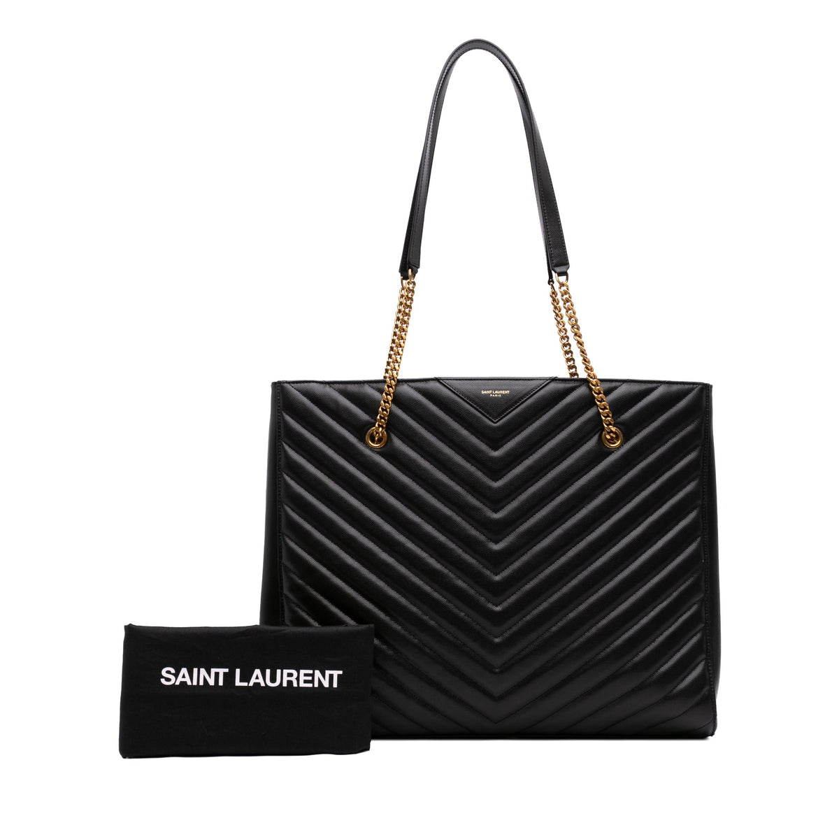 Saint Laurent Large Chevron Grain De Poudre Tribeca Shopping Tote — Black