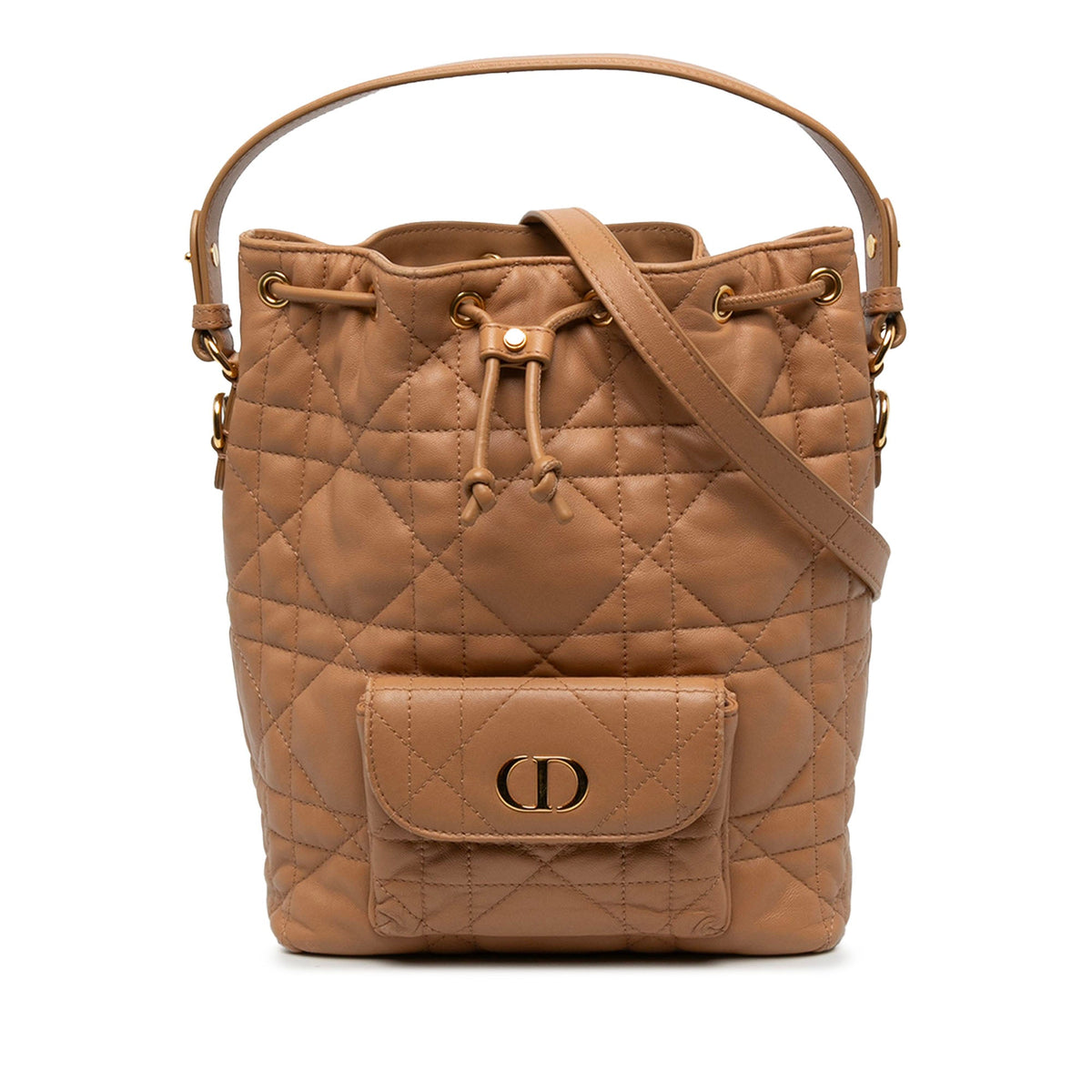 Dior Small Lambskin Macrocannage Caro Bucket Bag — Brown