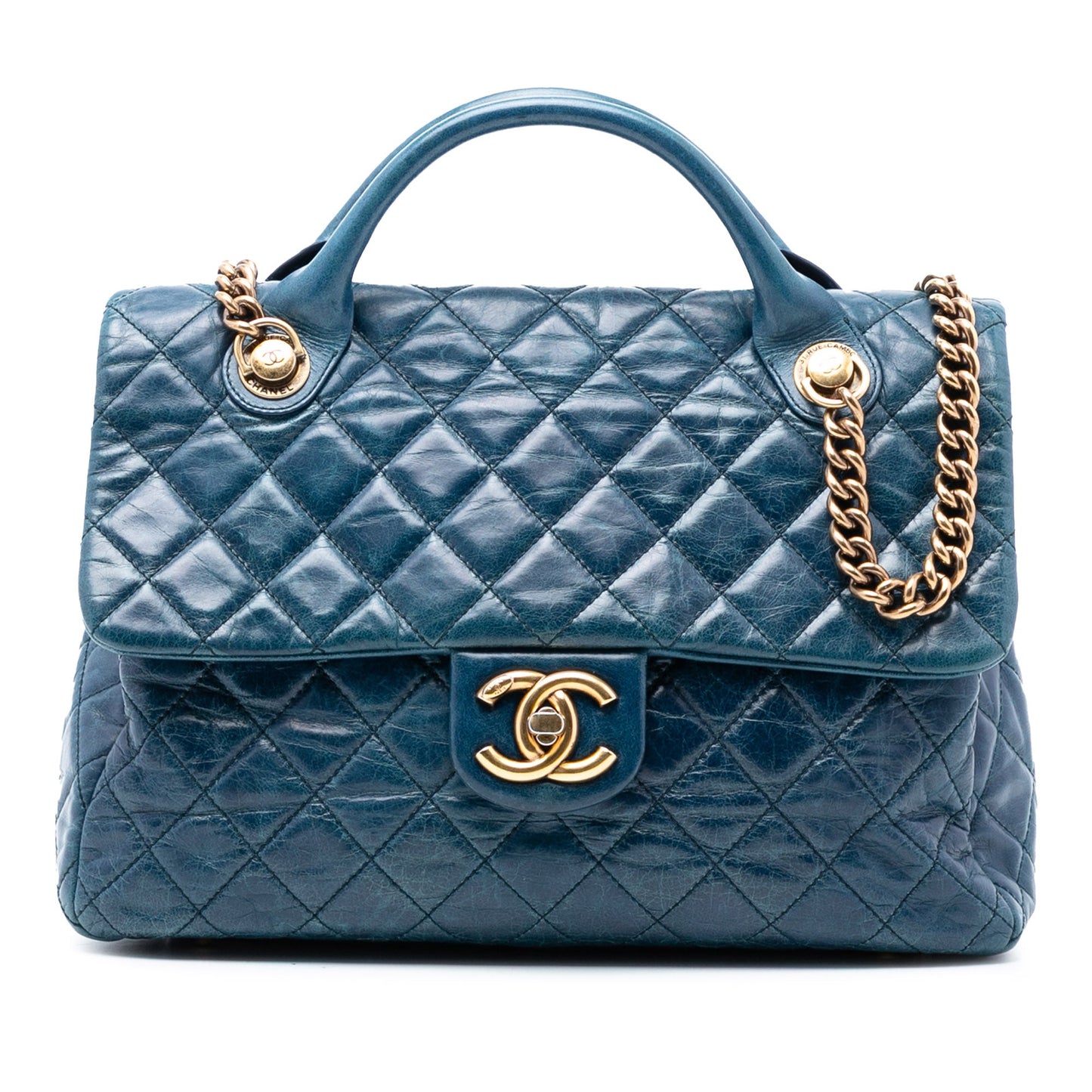 Chanel Large Glazed Calfskin Castle Rock Top Handle Flap