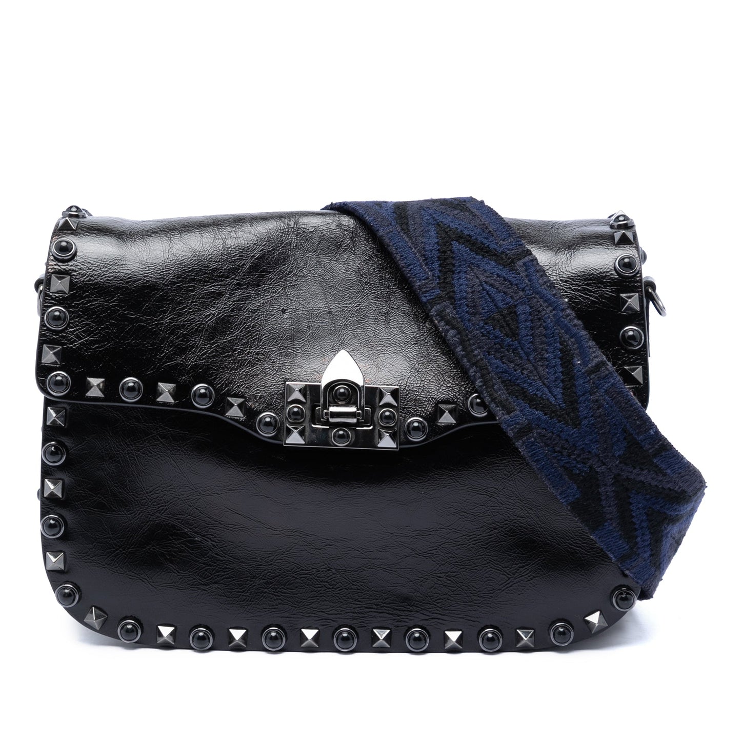 Valentino Medium Craquele Calfskin Guitar Strap Rockstud Rolling Flap Crossbody
