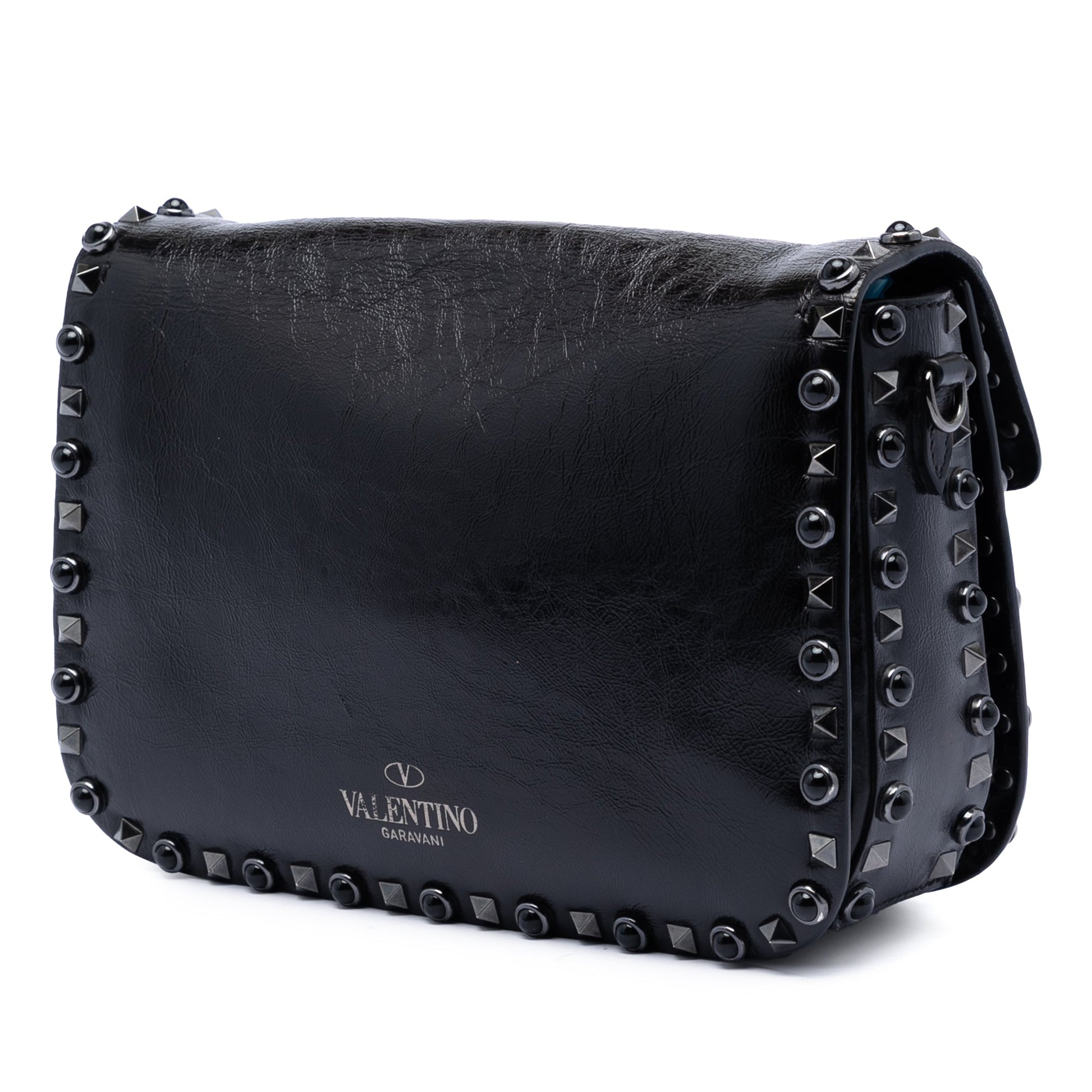 Valentino Medium Craquele Calfskin Guitar Strap Rockstud Rolling Flap Crossbody