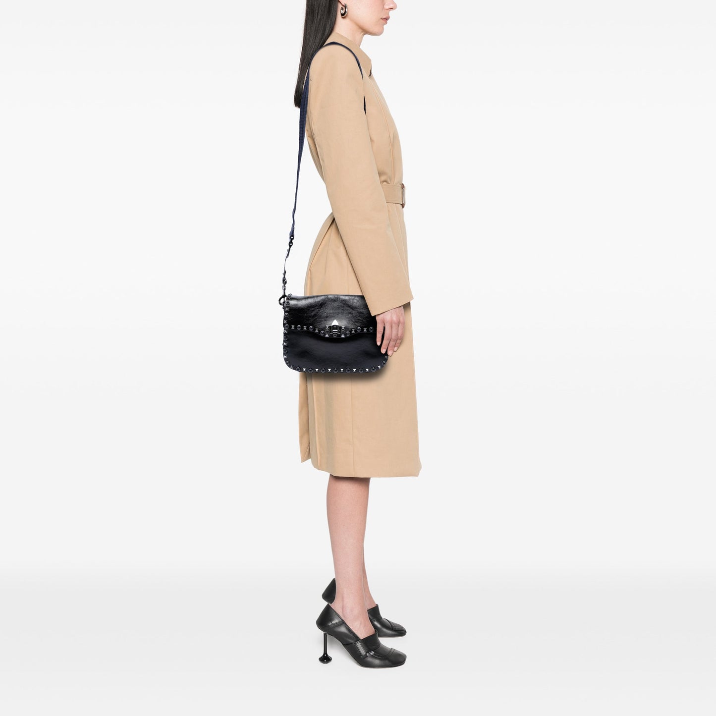 Valentino Medium Craquele Calfskin Guitar Strap Rockstud Rolling Flap Crossbody