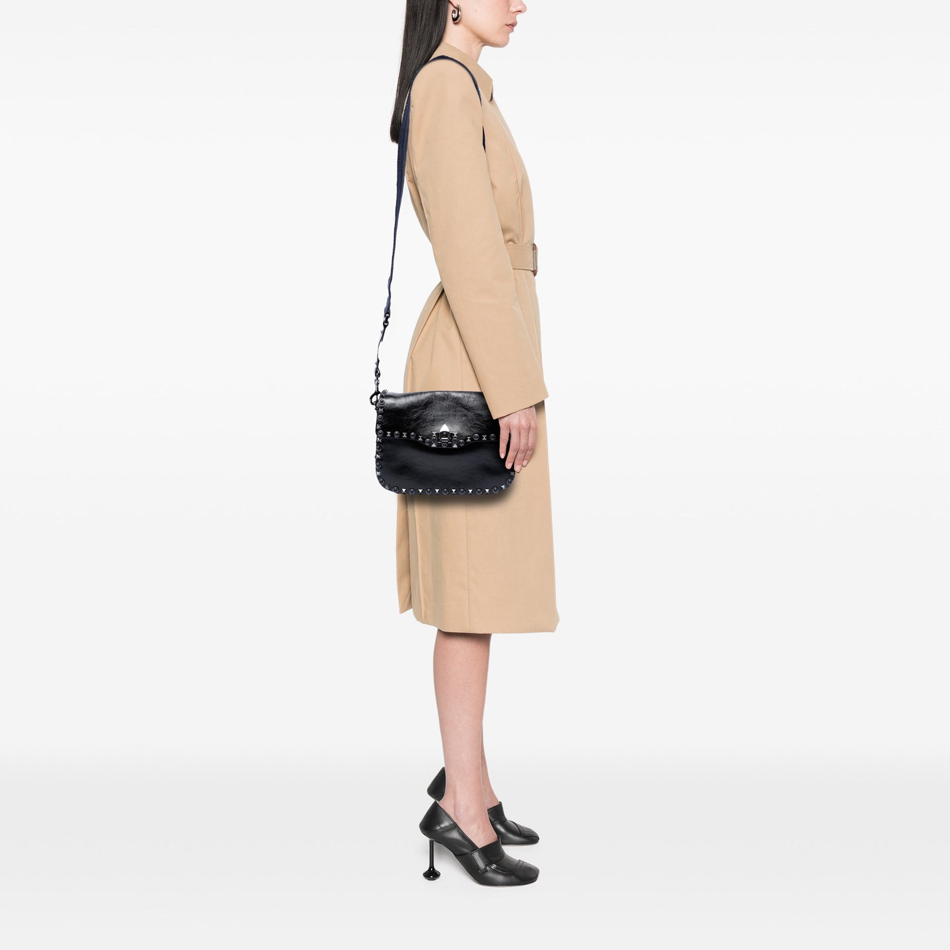 Valentino Medium Craquele Calfskin Guitar Strap Rockstud Rolling Flap Crossbody