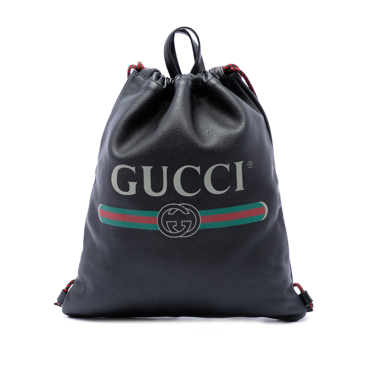 Gucci Grained Calfskin Web Logo Drawstring Backpack