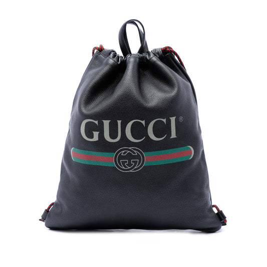 Gucci Grained Calfskin Web Logo Drawstring Backpack