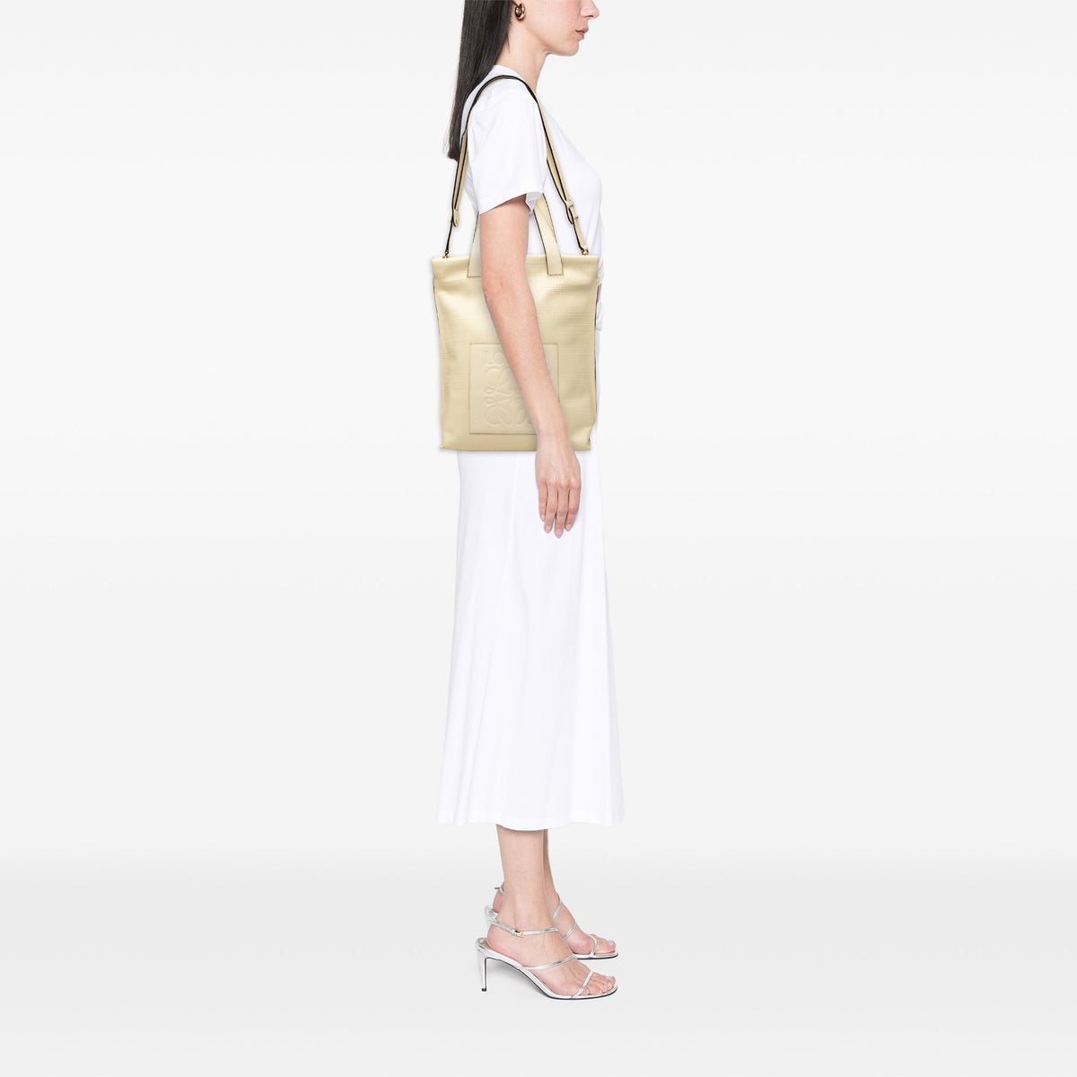 LOEWE Linen Embossed Calfskin Anagram Shopper Tote — Brown