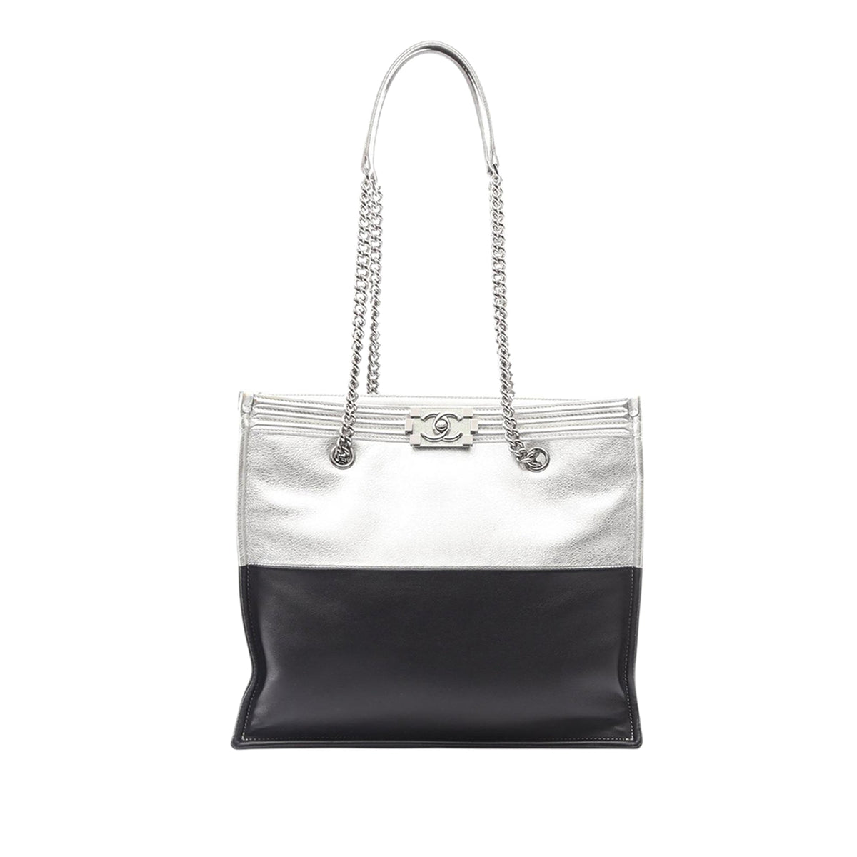 Chanel Large Bicolor Metallic Goatskin and Calfskin Boy Tote — Silver