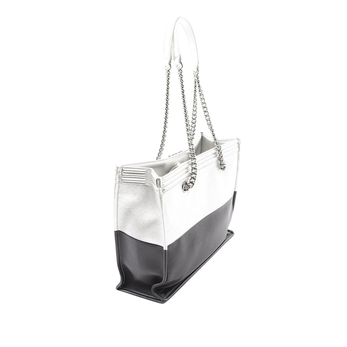 Chanel Large Bicolor Metallic Goatskin and Calfskin Boy Tote — Silver
