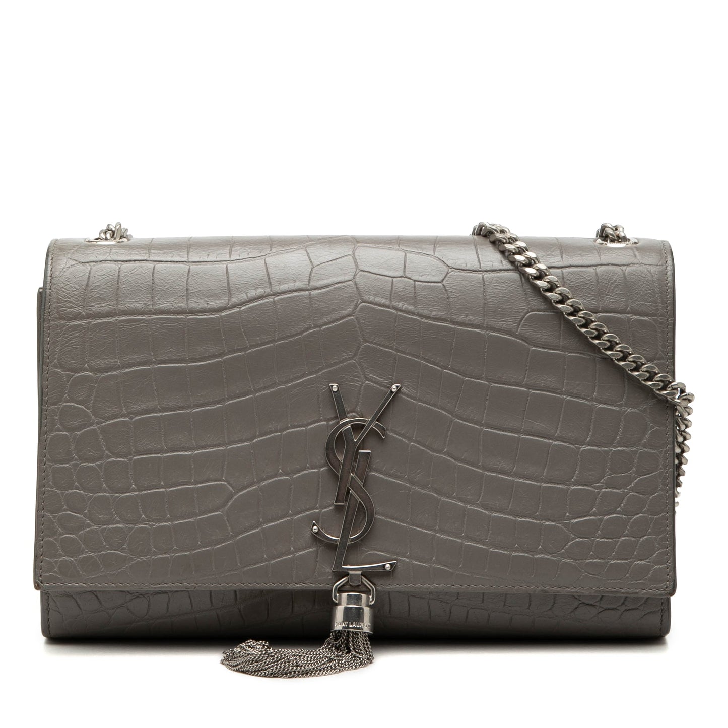 Saint Laurent Medium Croc Embossed Leather Monogram Kate Tassel Crossbody