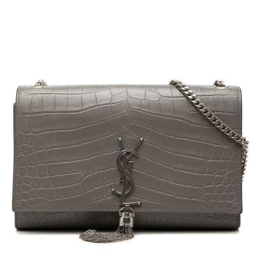 Saint Laurent Medium Croc Embossed Leather Monogram Kate Tassel Crossbody