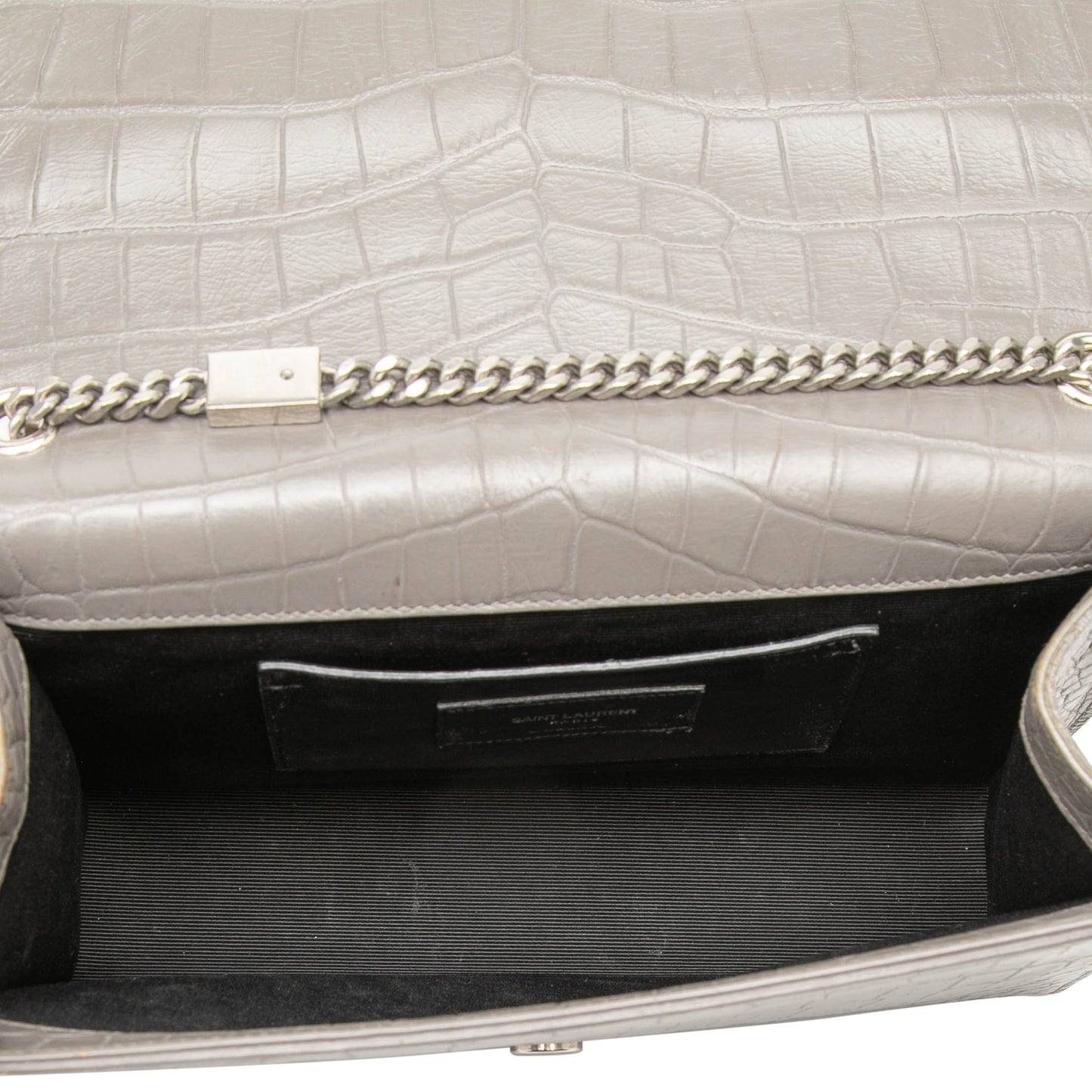 Saint Laurent Medium Croc Embossed Leather Monogram Kate Tassel Crossbody