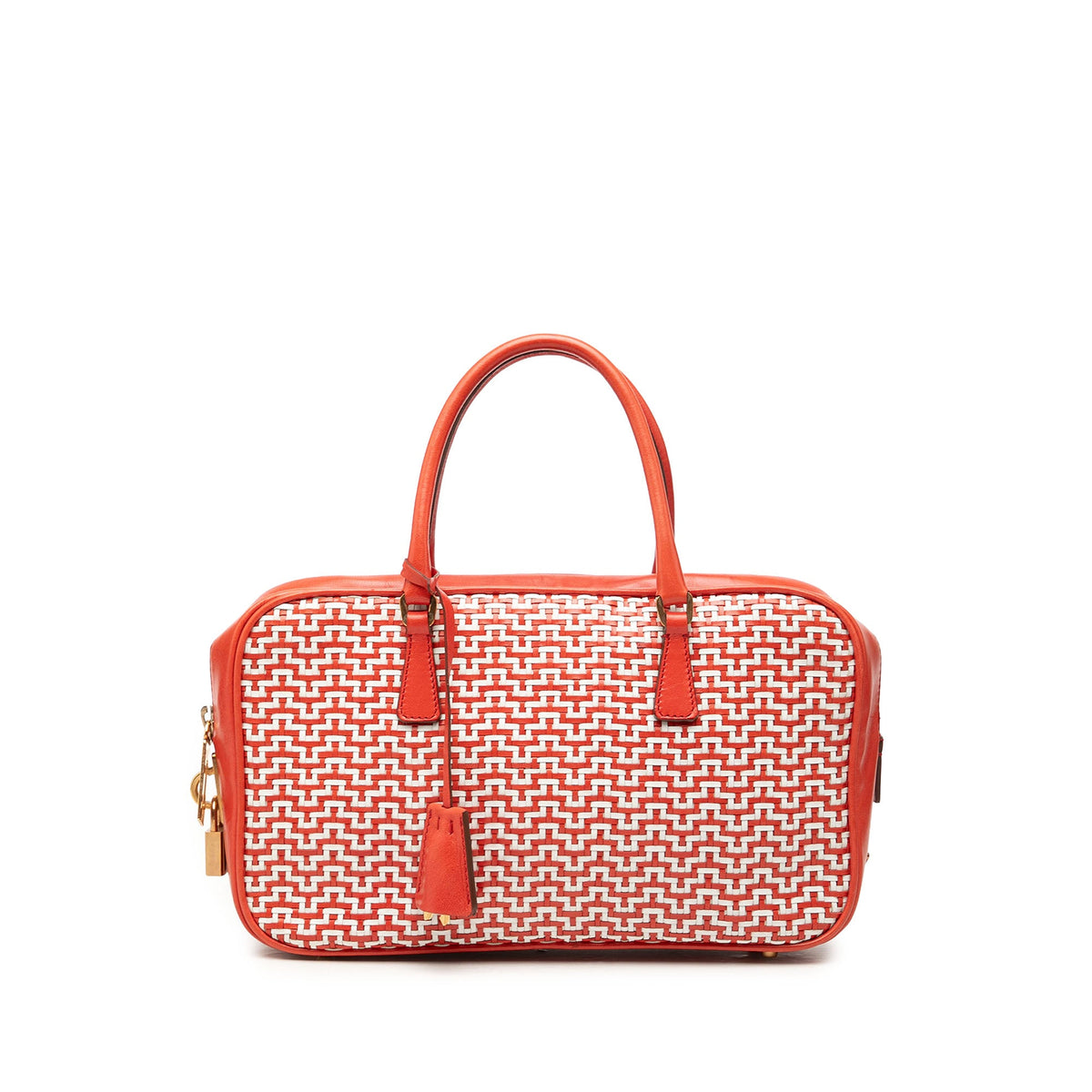 Prada Woven Goatskin Madras Bauletto Handbag — White