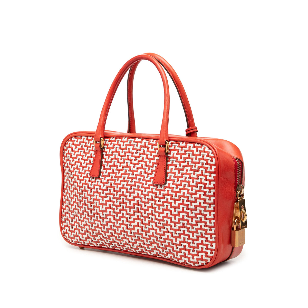 Prada Woven Goatskin Madras Bauletto Handbag — White