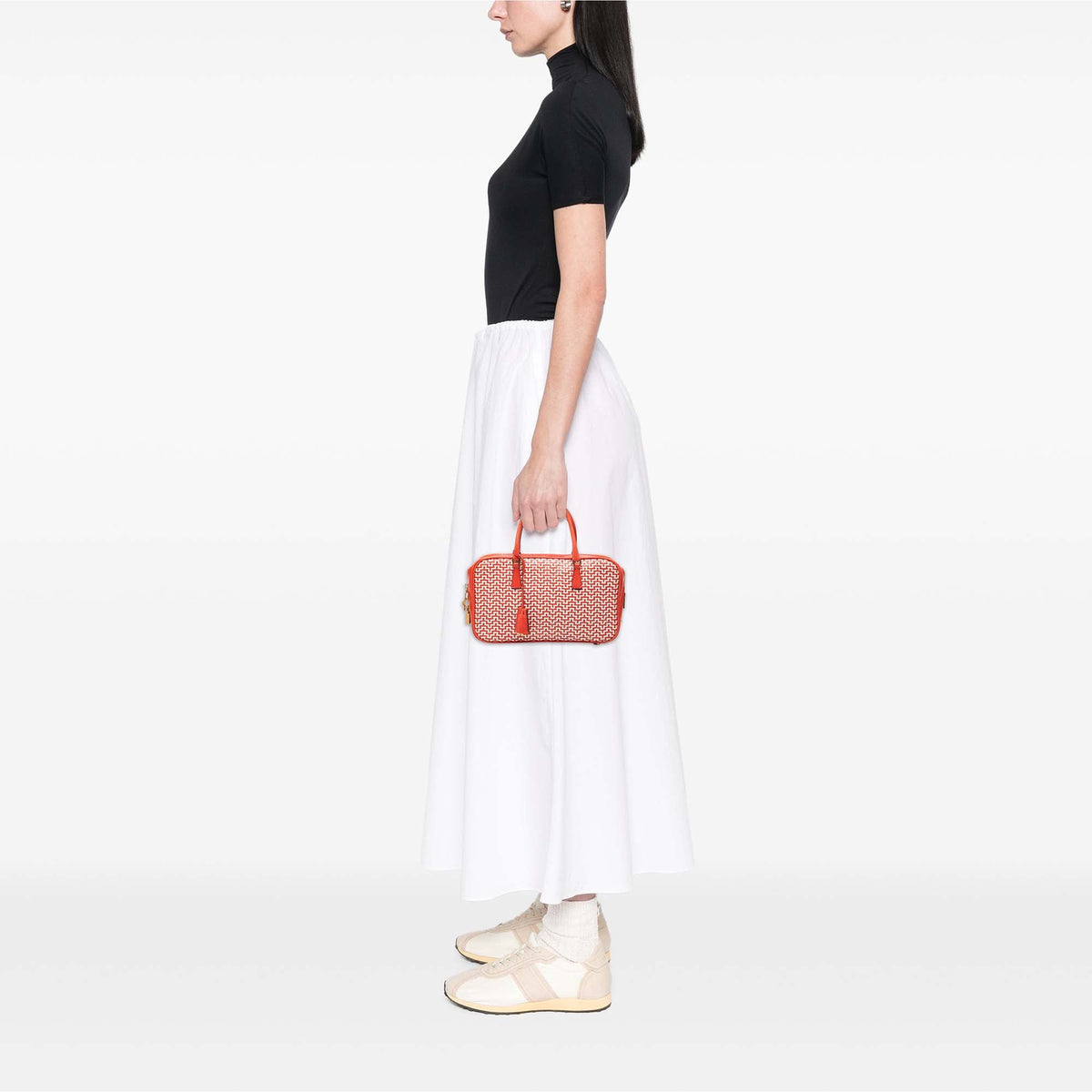 Prada Woven Goatskin Madras Bauletto Handbag — White