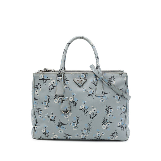 Prada Medium Saffiano Lux Galleria Floral Print Double Zip Satchel — Gray