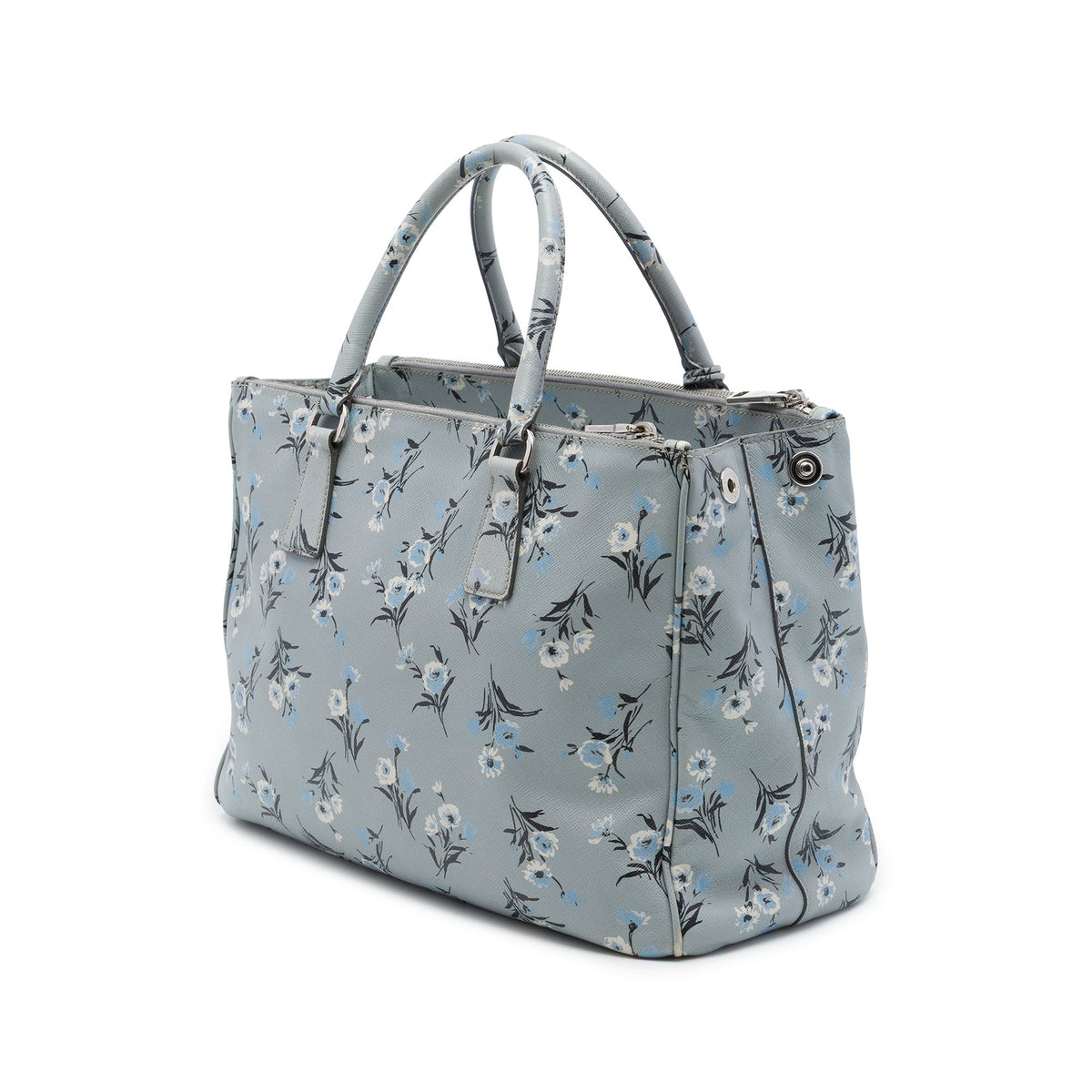 Prada Medium Saffiano Lux Galleria Floral Print Double Zip Satchel — Gray