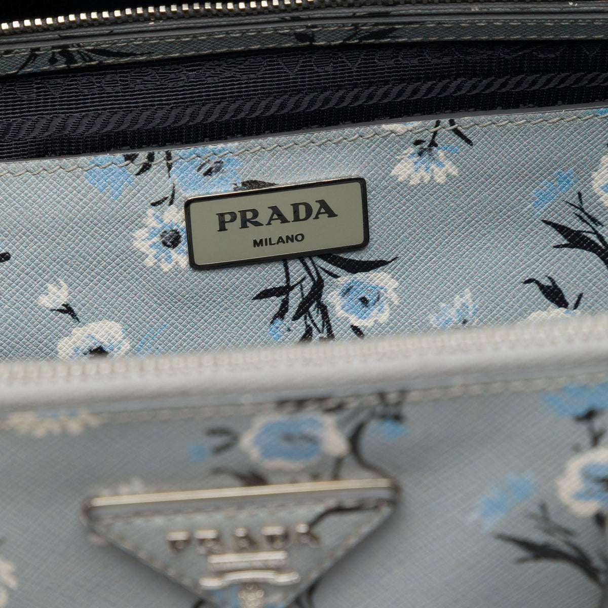 Prada Medium Saffiano Lux Galleria Floral Print Double Zip Satchel — Gray