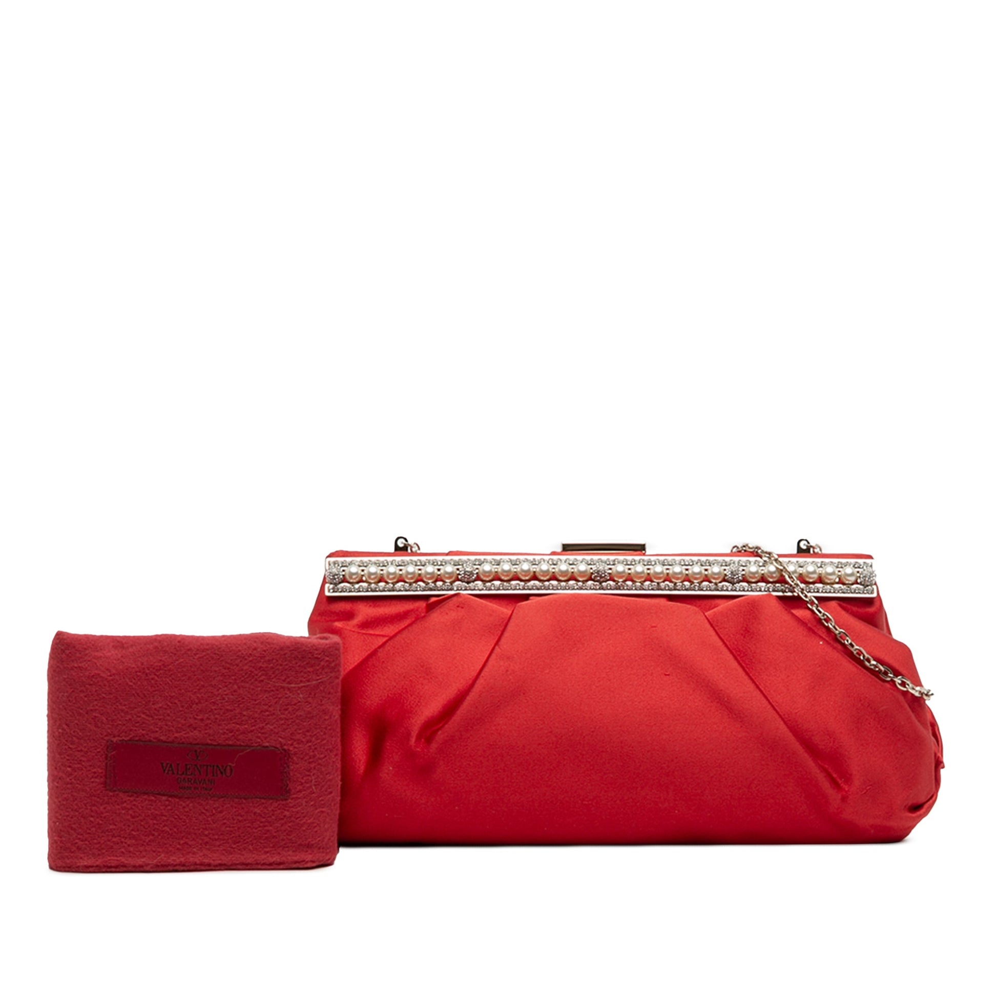Valentino Satin Pearl Embellished Frame Clutch on Chain