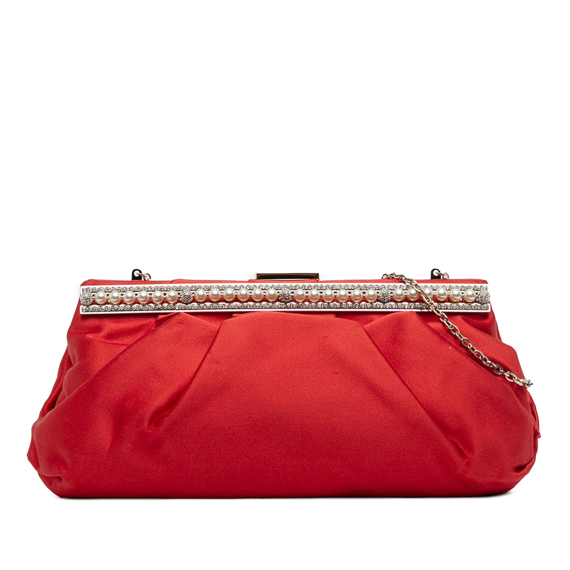 Valentino Satin Pearl Embellished Frame Clutch on Chain