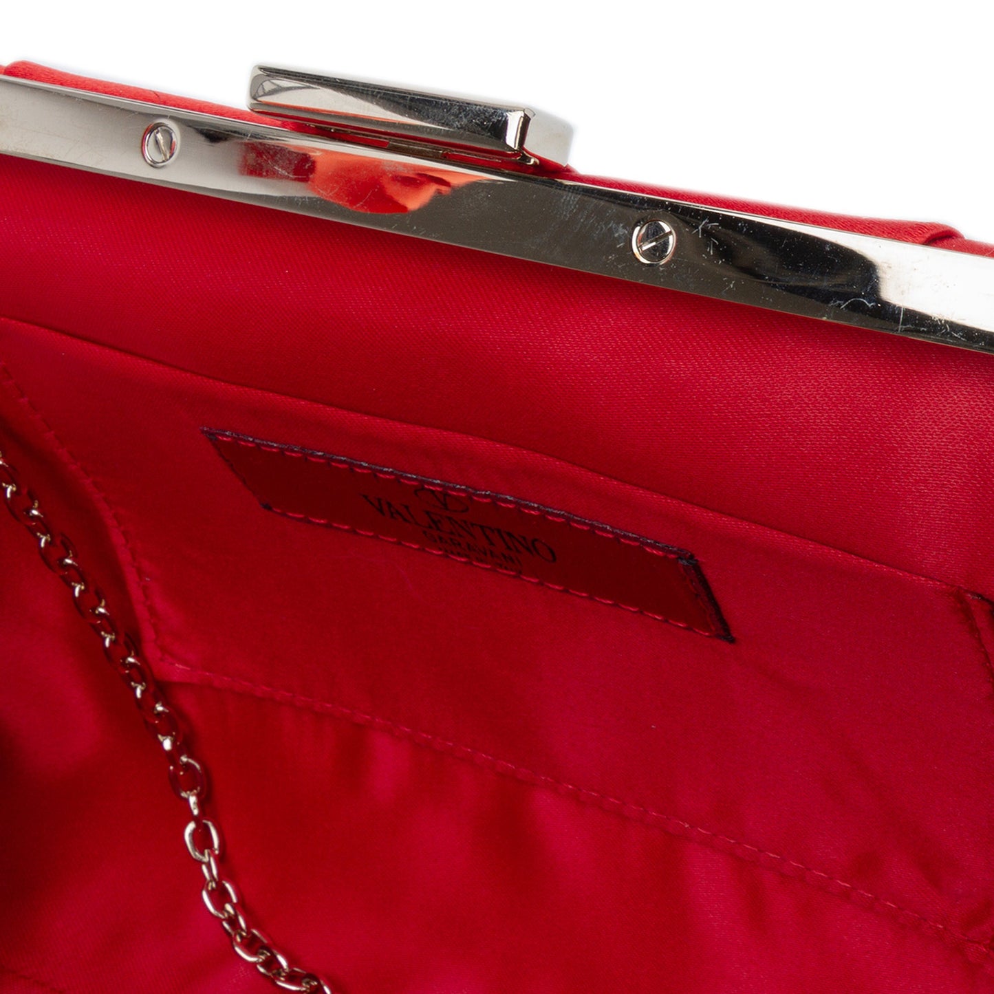 Valentino Satin Pearl Embellished Frame Clutch on Chain