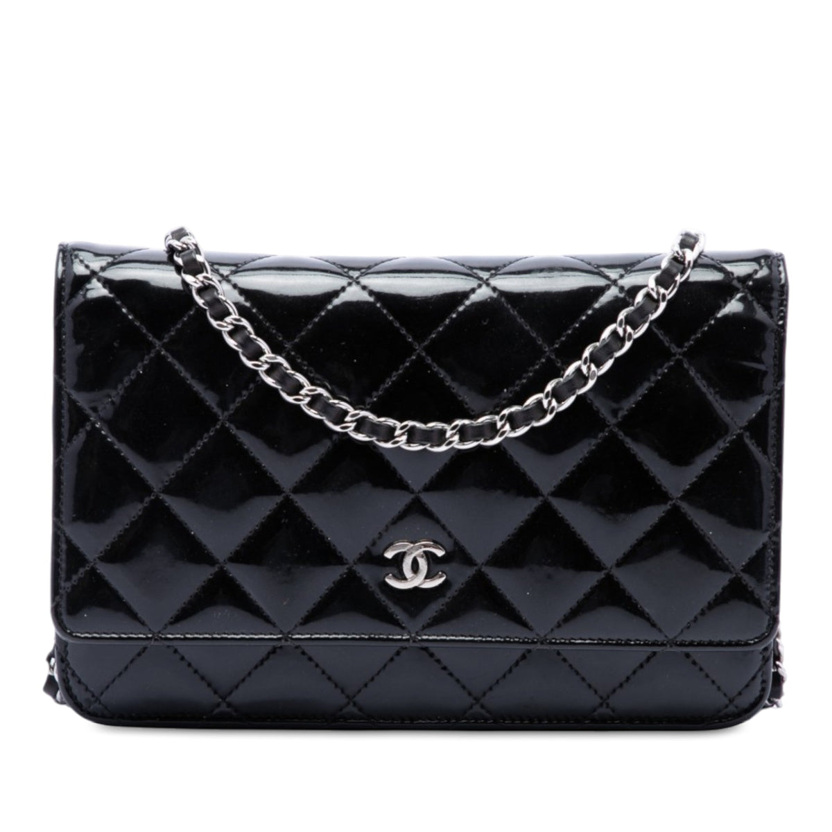 Chanel CC Quilted Patent Wallet On Chain — Black