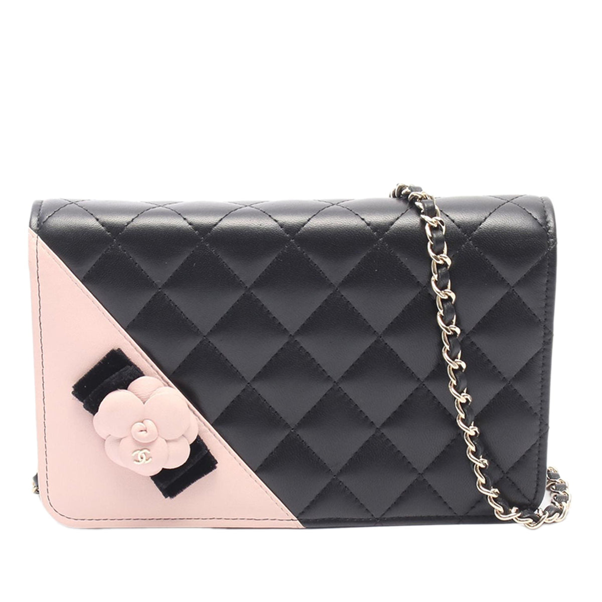 Chanel Bicolor Quilted Lambskin Camellia Wallet on Chain — Black