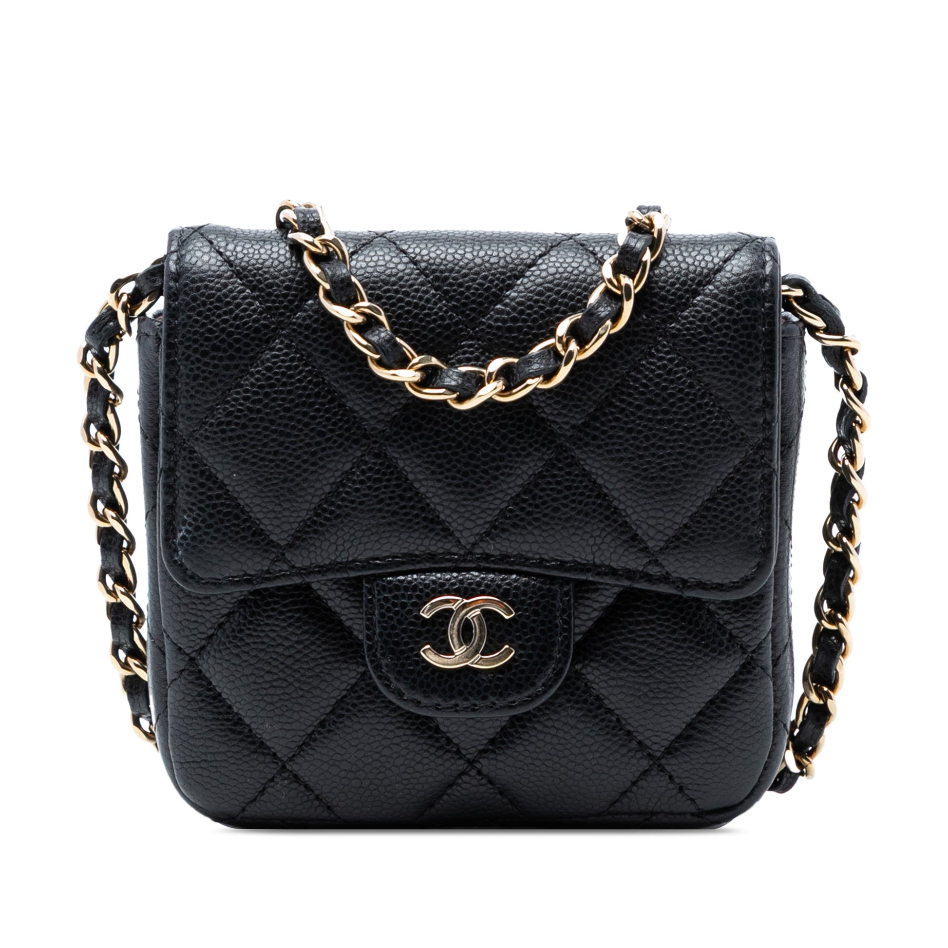 CC Quilted Caviar Flap Card Holder On Chain