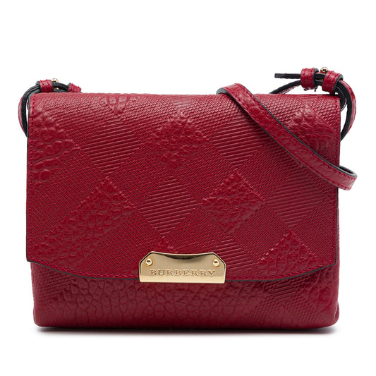 Burberry Embossed Grain Check Leather Langley Crossbody — Red