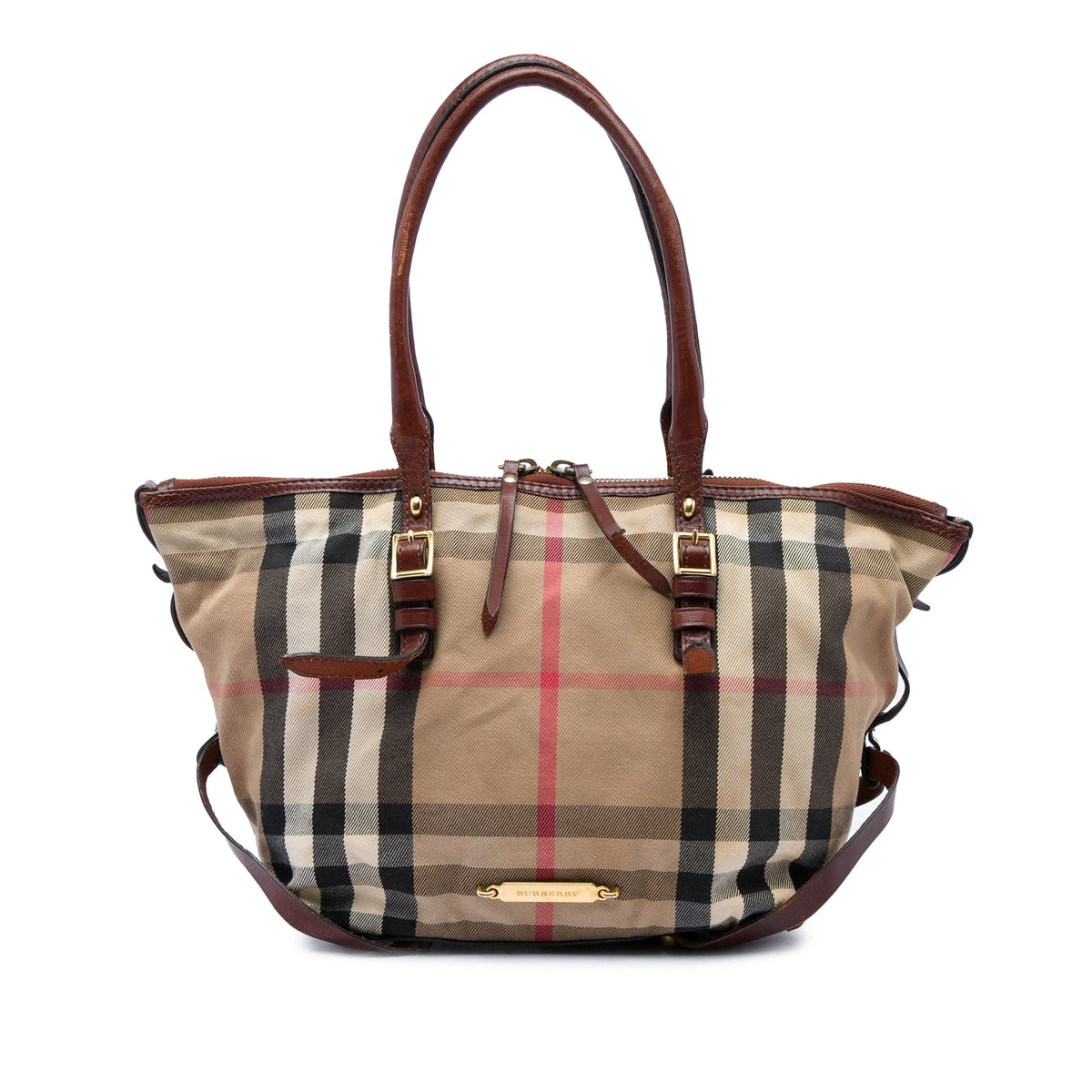 Burberry Small House Check Canvas Bridle Salisbury Tote — Brown